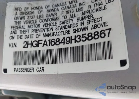 2009 Honda Civic Ex from USA, damaged, VIN 2HGFA16849H358867